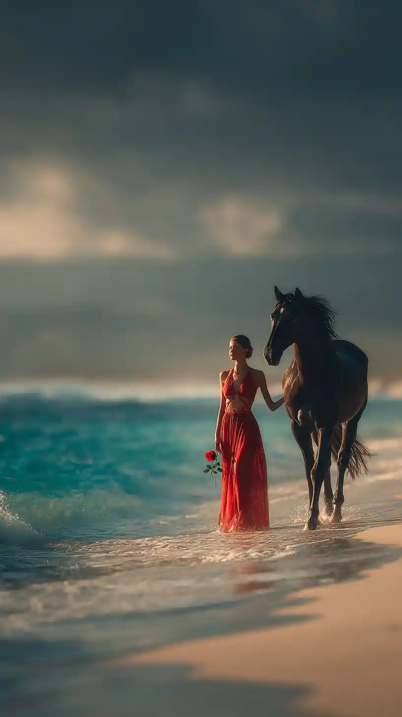 Woman walking with black horse along a sunny beach