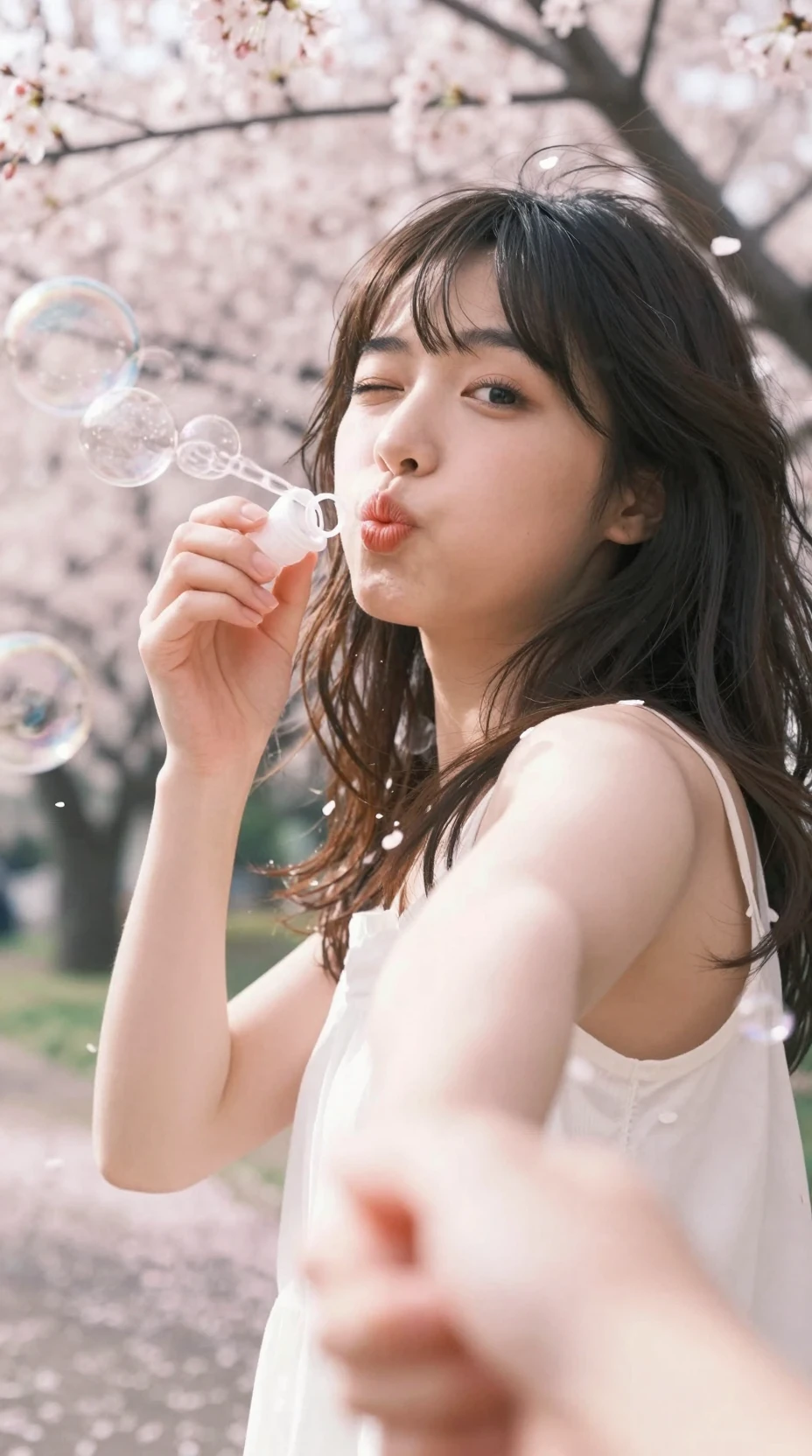 Girl blowing bubbles under cherry blossoms in a park