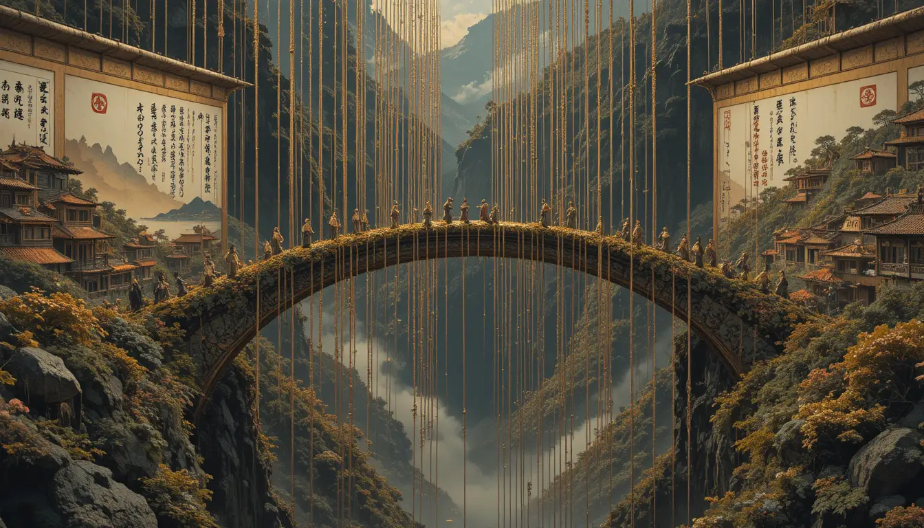 Surreal schwebende Brücke zwischen zwei verzerrten Stadtscrolls