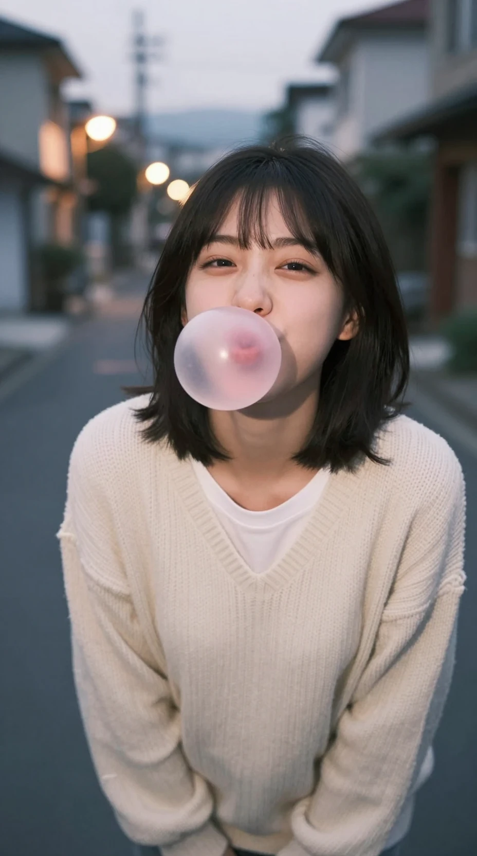해질 무렵 거리에서 분홍 풍선껌을 불고 있는 장난스러운 소녀