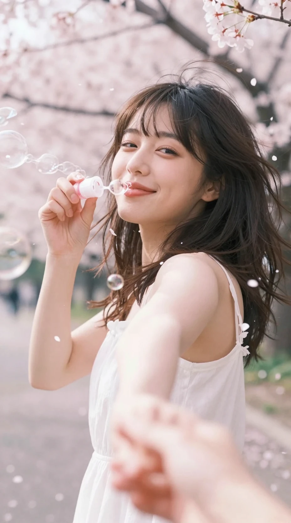 Japanese girl blowing bubbles under soft cherry blossoms