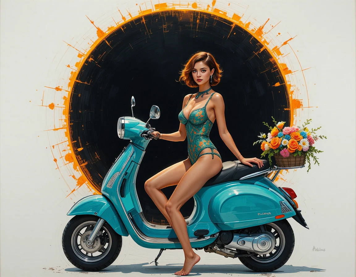 Jeune fille asiatique sur un scooter turquoise dans une rue côtière ensoleillée