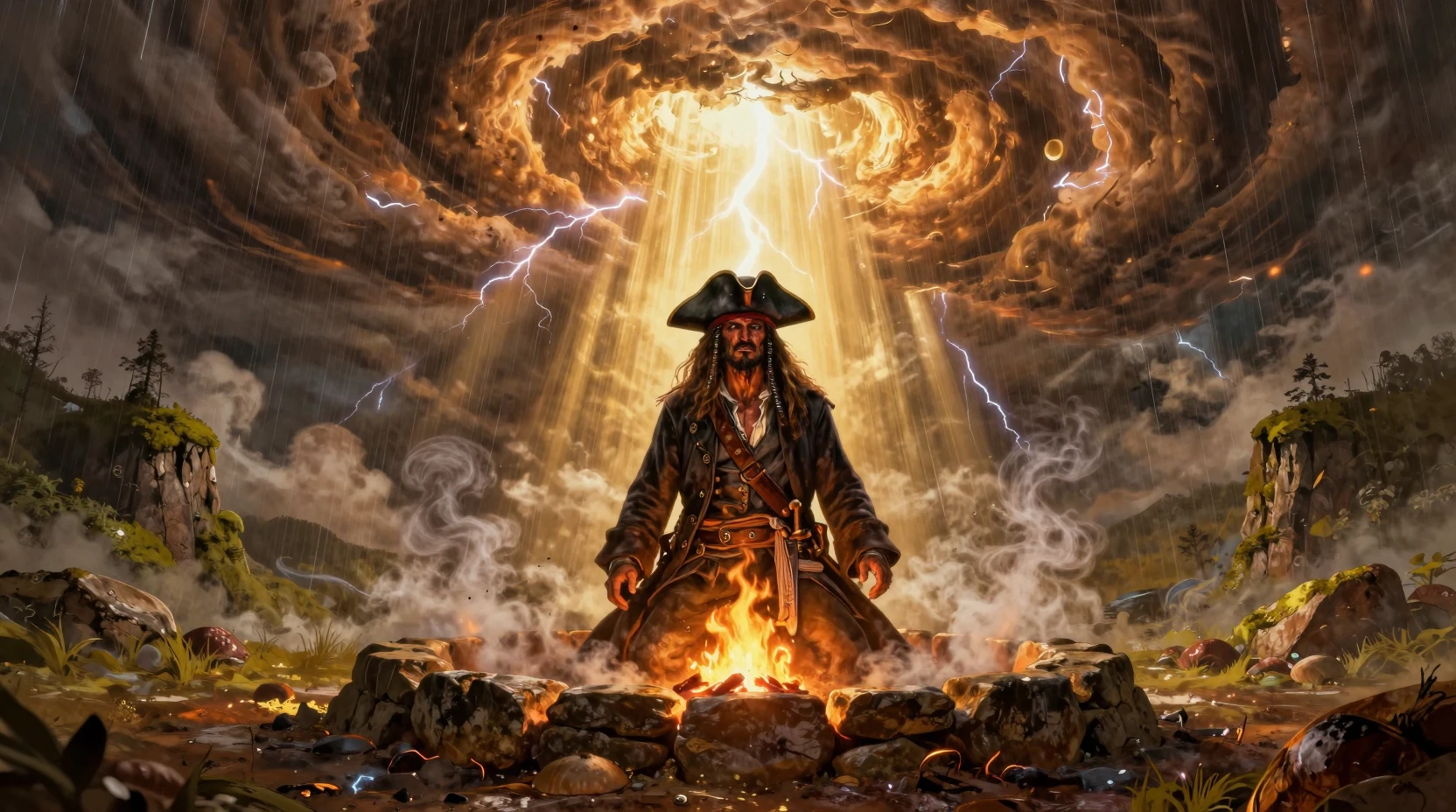 Pirate à genoux en dévotion devant une tempête sacrée