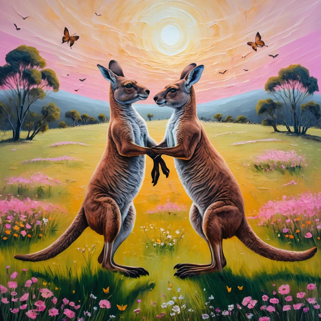 Playful Kangaroos Facing Each Other In A Summer Meadow