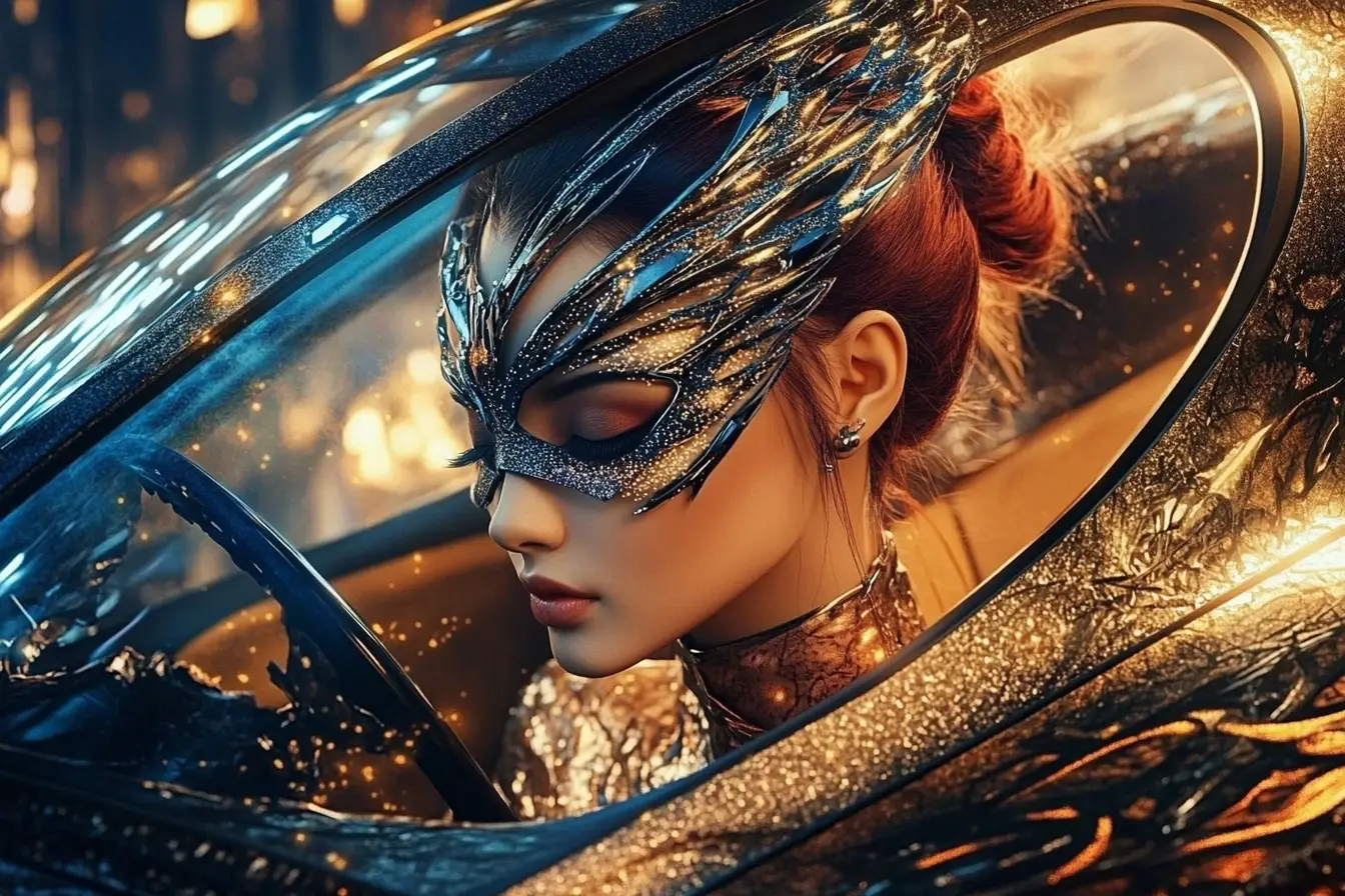 Young woman in a futuristic car at golden hour