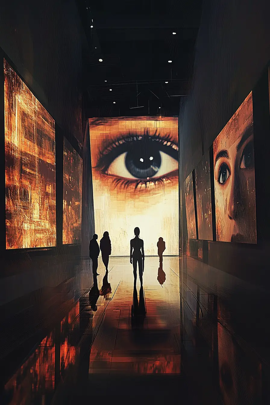 Scena satirica cupa in una galleria moderna con arte luminosa
