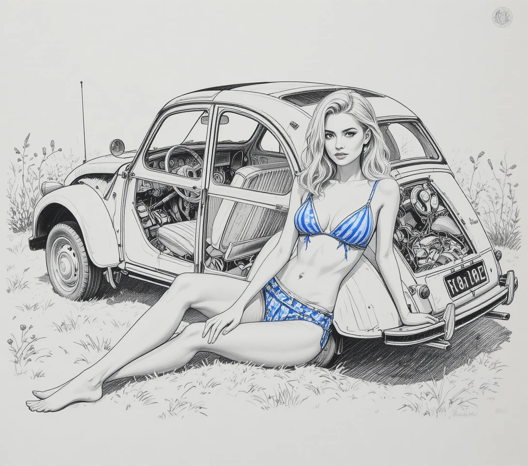 Desenho técnico em corte de um carro compacto clássico