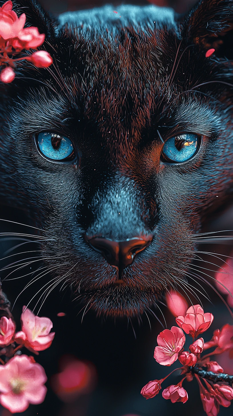 Pantera negra em close com olhos ciano e flores de cerejeira