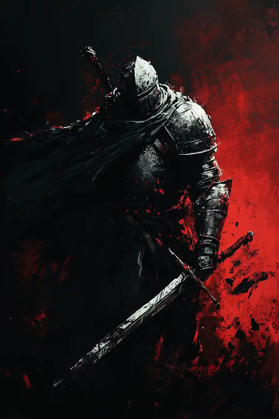 Armored warrior walking into a desolate night battlefield