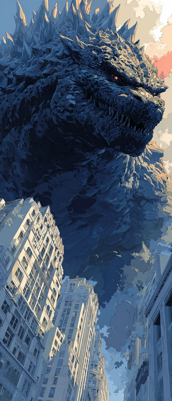 Monstro gigante em pinceladas de tinta esmagando um arranha-céu
