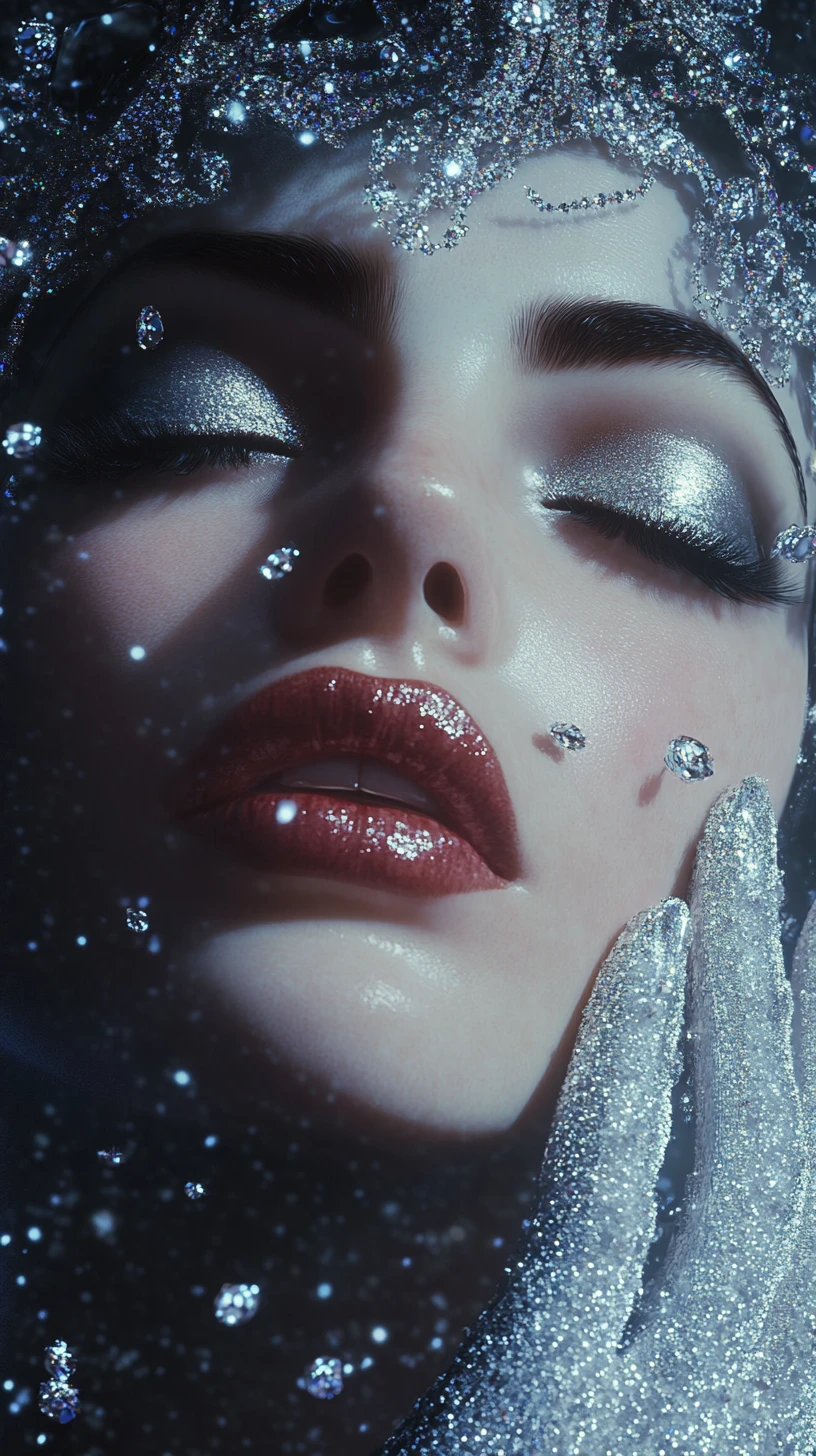 Gothic futuristic woman smiling in jeweled cosmic close up