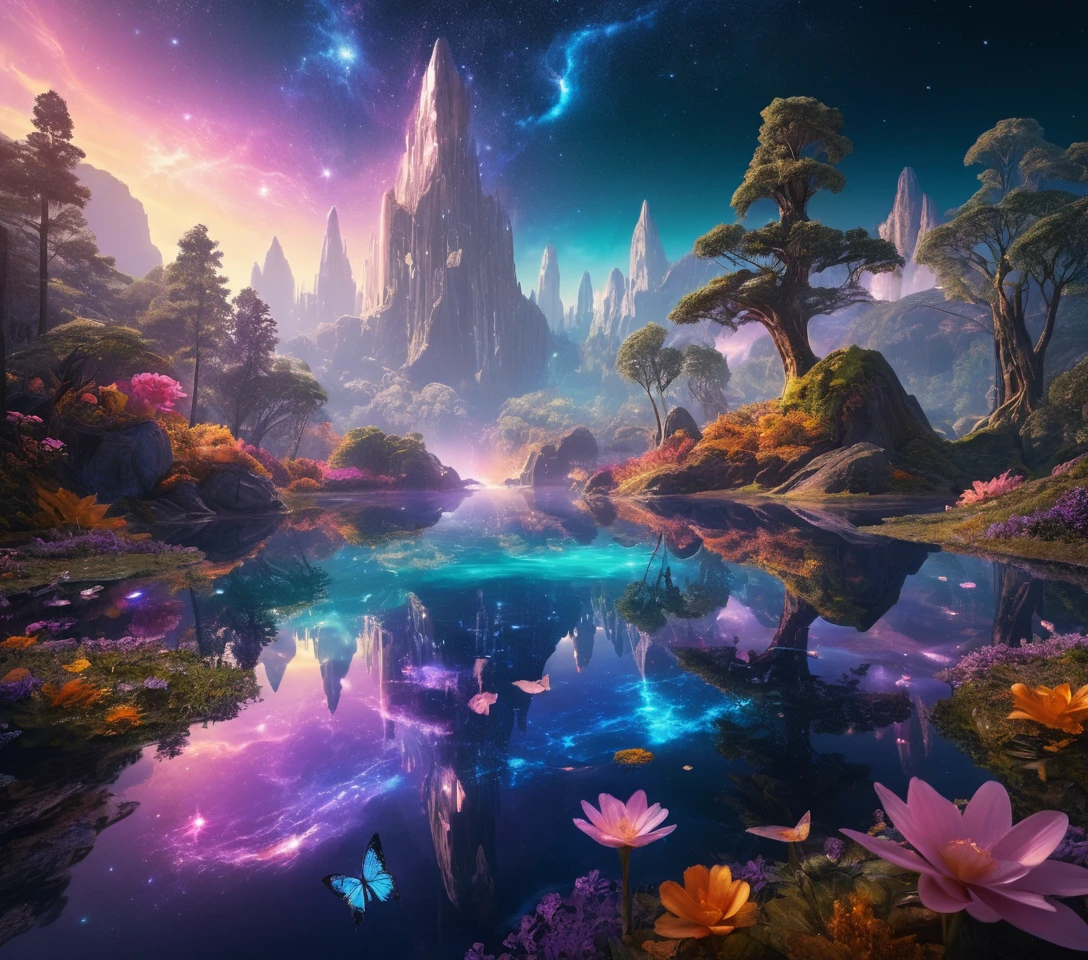 Paisaje Onírico de Montañas de Cristal Surreales y Cascadas Arcoíris