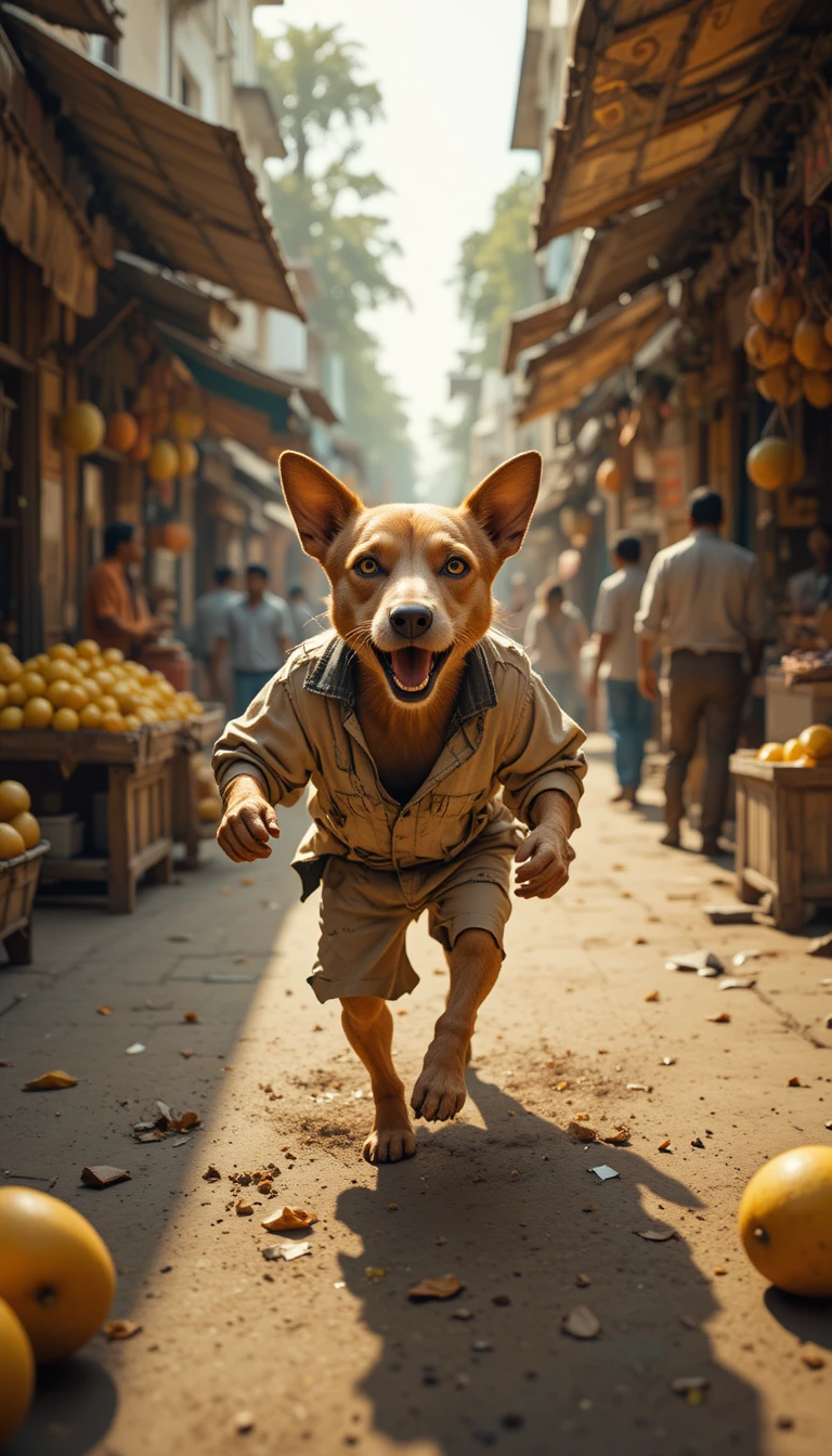 Chien anthropomorphe volant des mangues dans un marché de rue indien