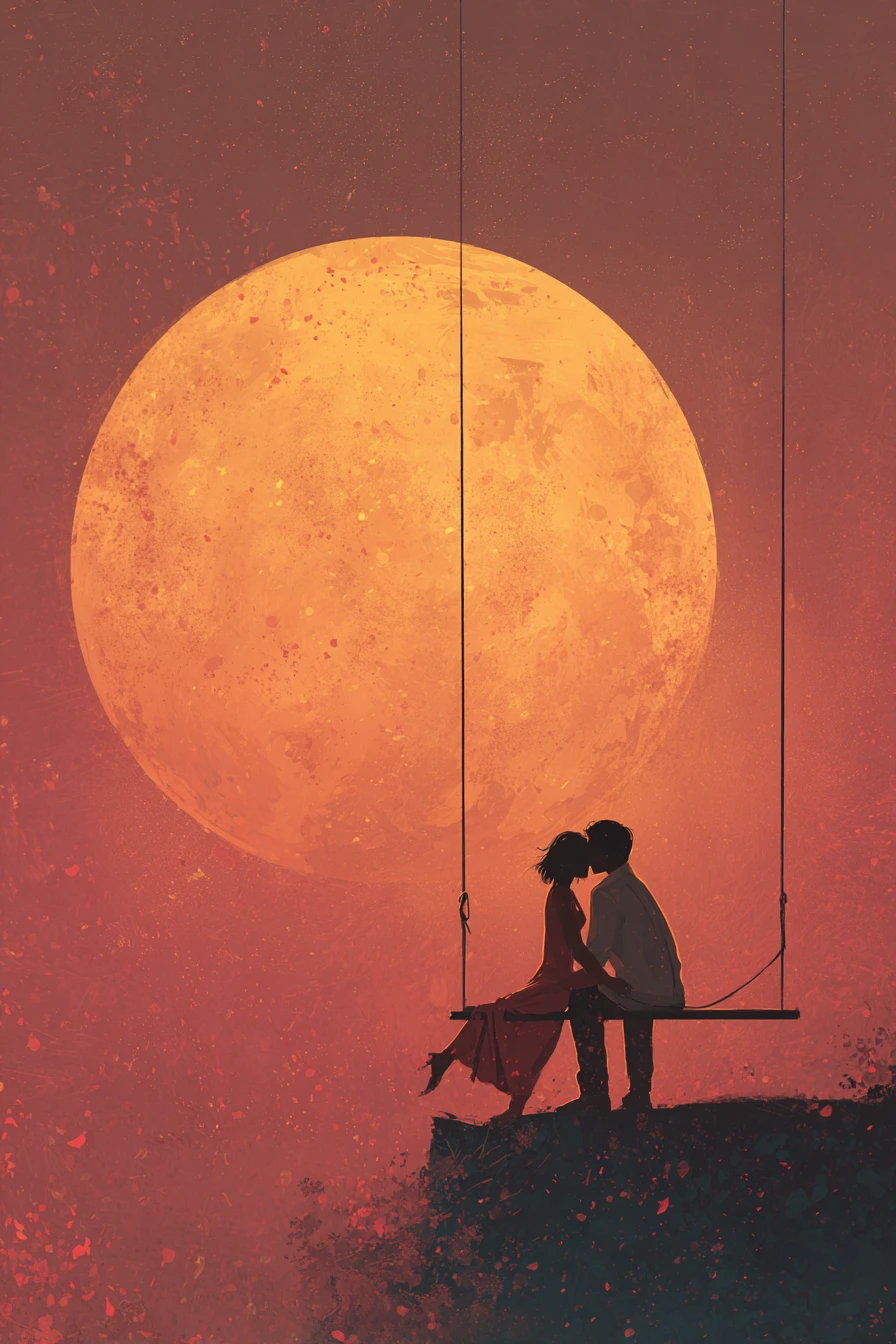 Romantische Liebende, die sich unter einem leuchtend goldenen Vollmond umarmen