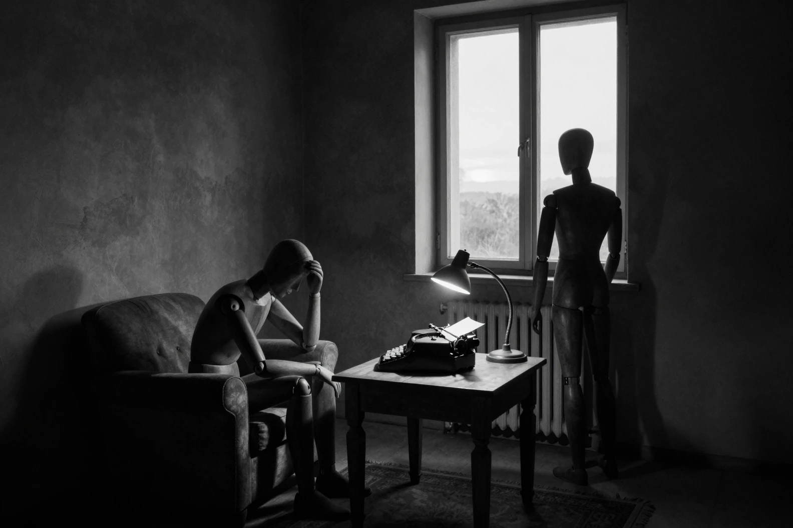 Melancholic mannequins in a dim black and white interior