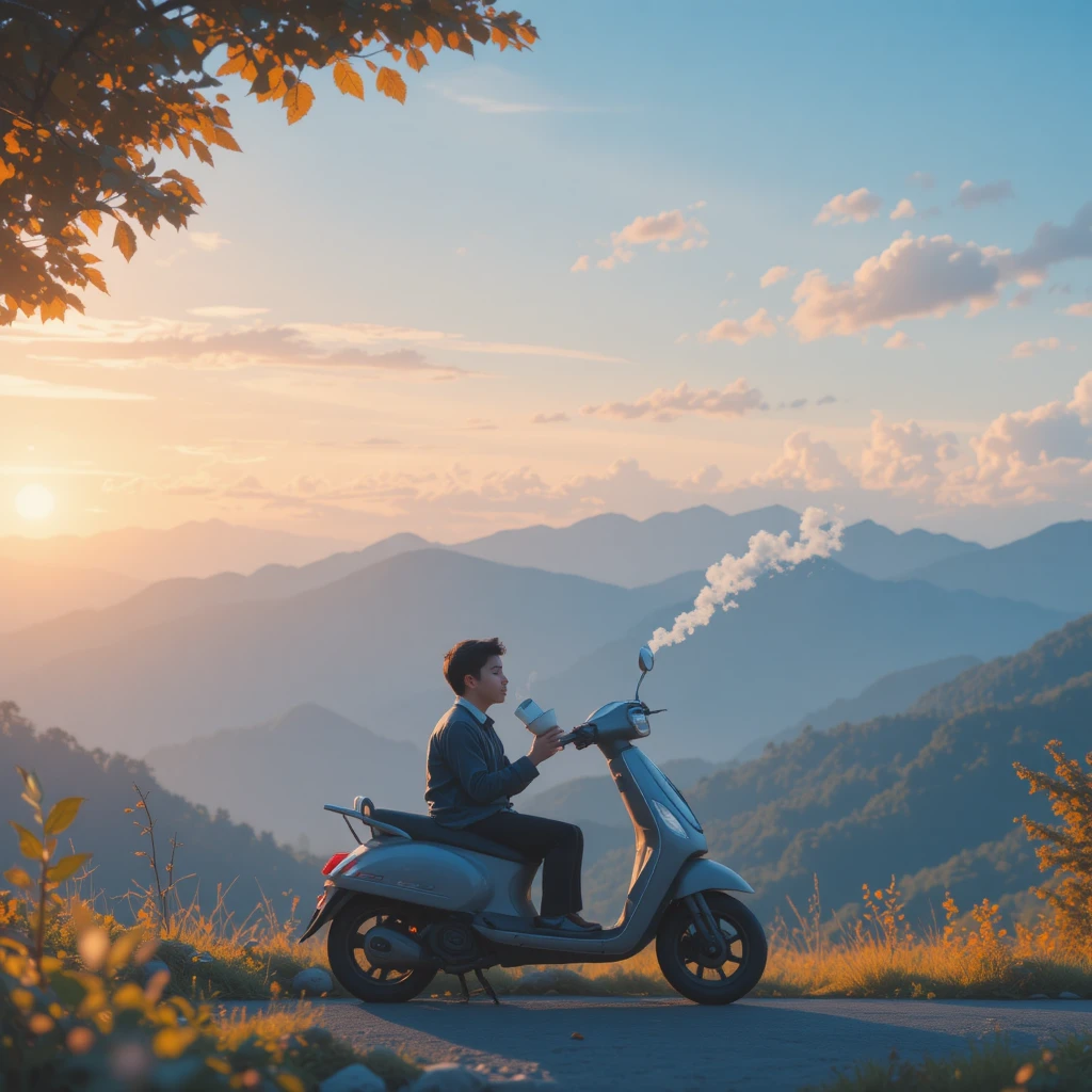 Boy Resting By His Scooter On A Quiet Mountain Road