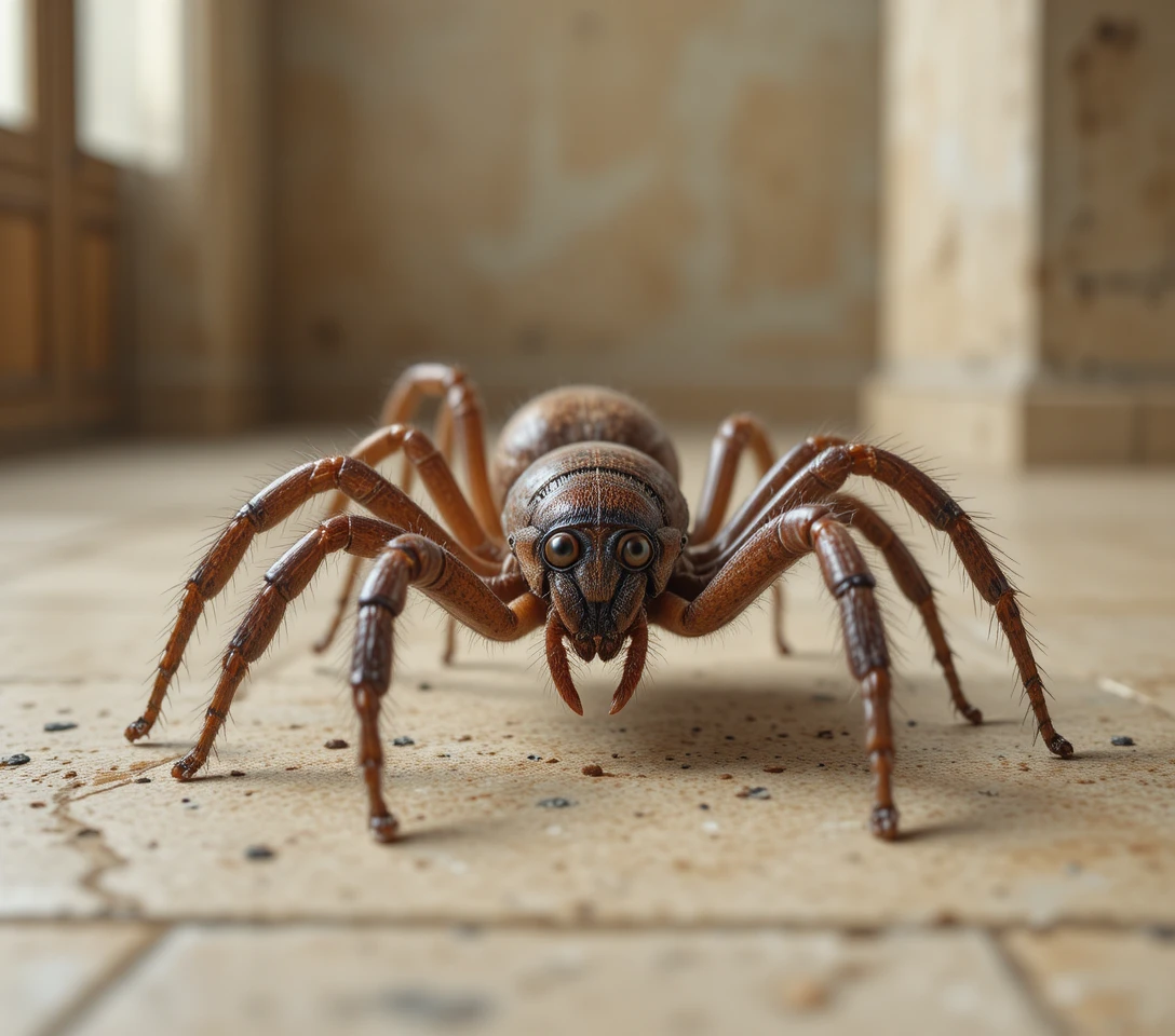Close-up de aranha marrom de jardim em piso de azulejo bege