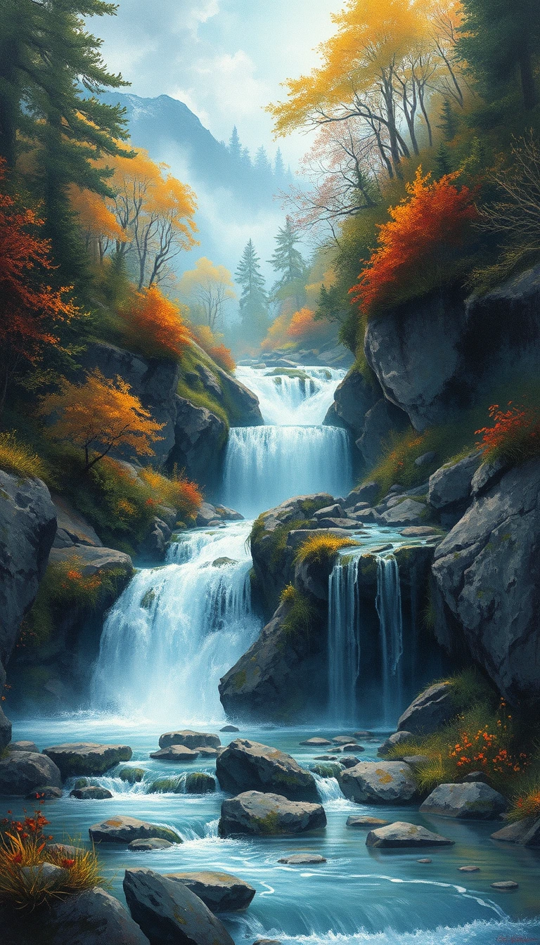 汝拉森林瀑布的霓虹水彩景觀