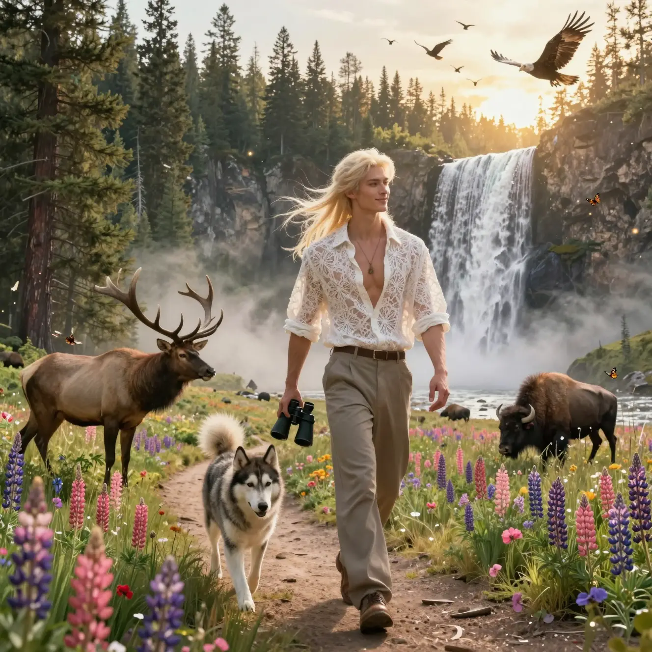 Homme blond avec husky marchant dans une pinède baignée de soleil