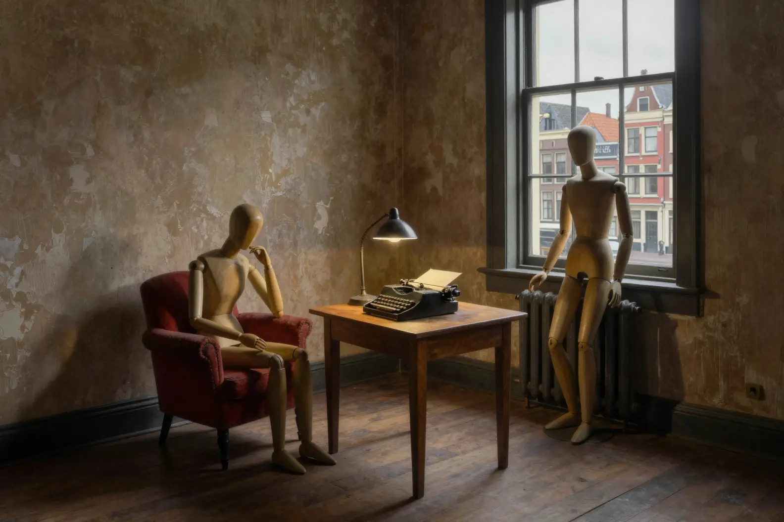 Pintura a óleo de manequins em um quarto de escritor em decadência