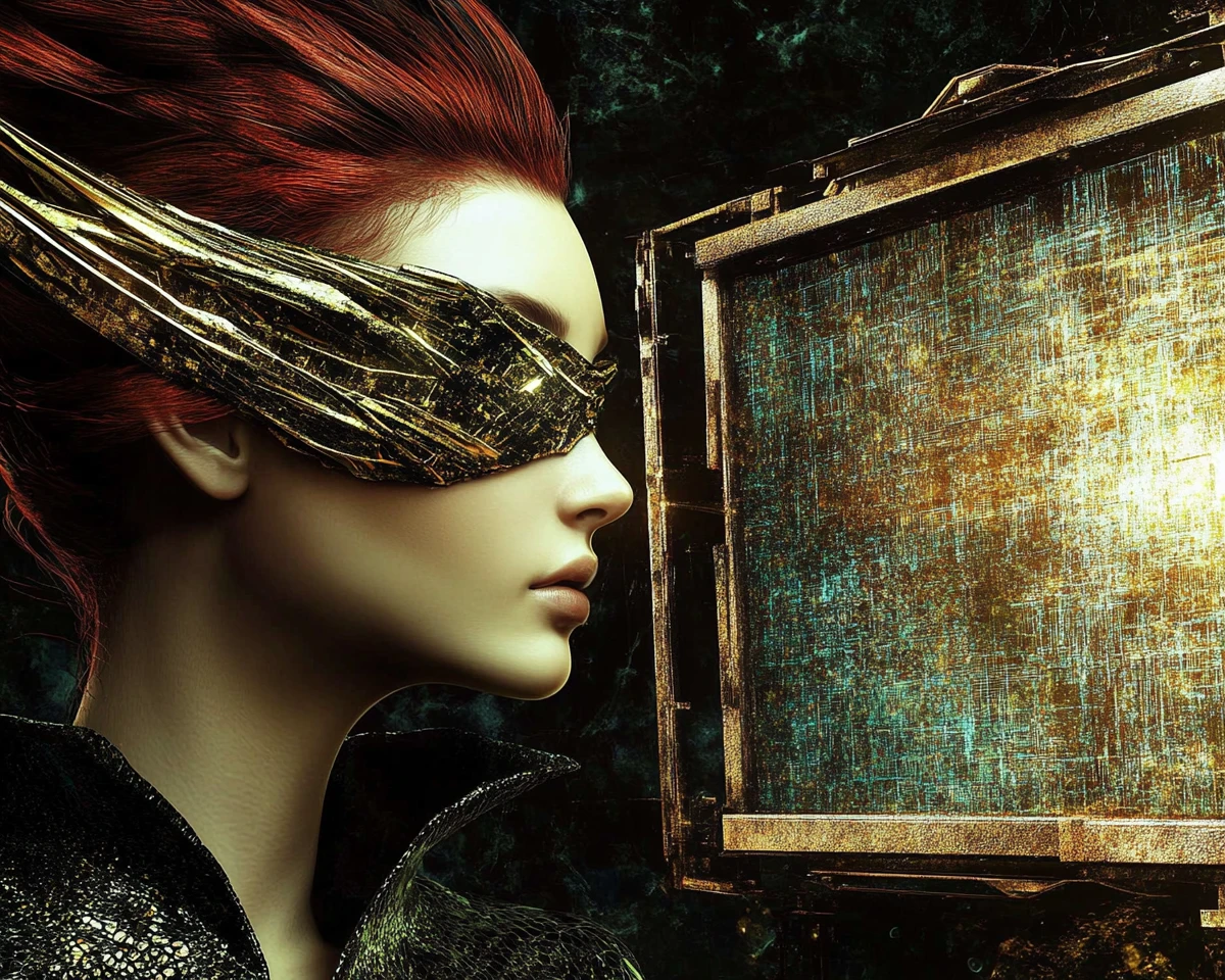 Red haired cyber geisha beside a gothic ivy window