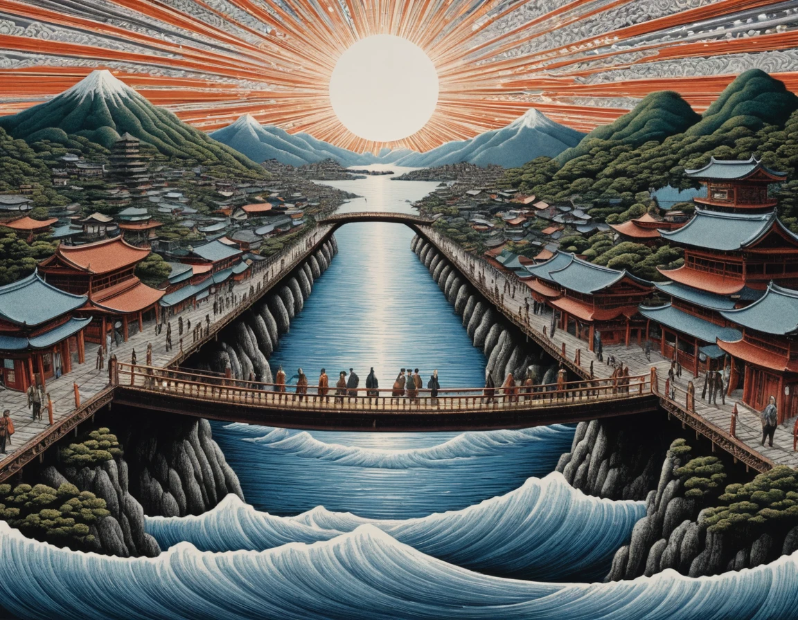 歪んだ二つの都市絵巻をつなぐ編み込まれた髪の超現実的な橋