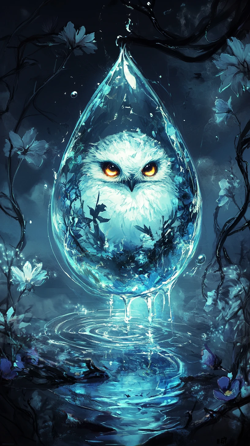 Weiße Eule in leuchtendem mystischem Wassertropfen eingeschlossen