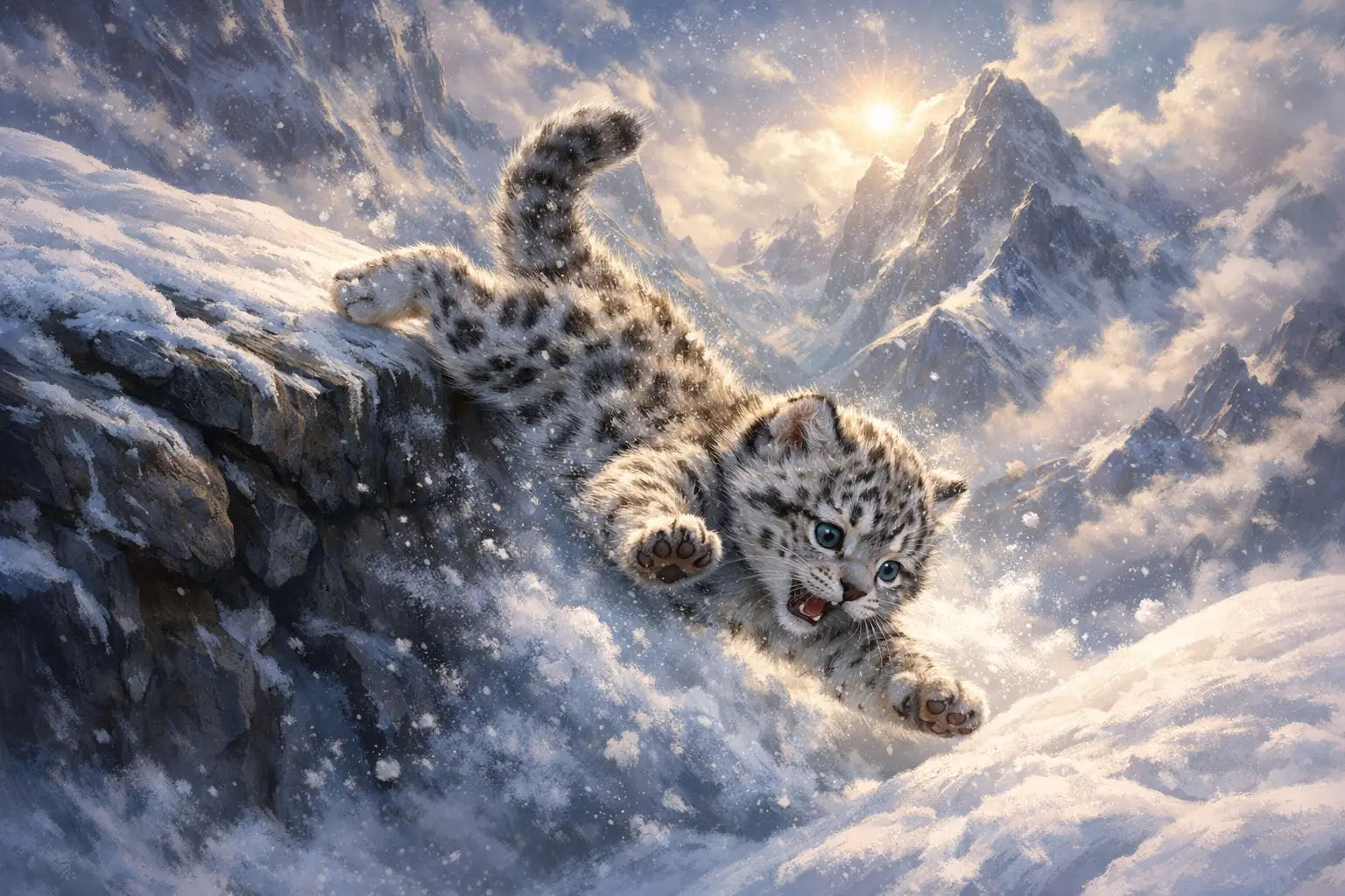 Baby snow leopard slipping from a rocky ledge into snow