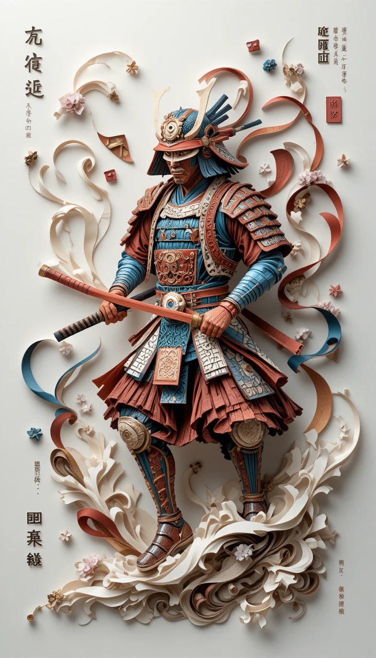Escultura de samurai de papel em movimento diagonal dinâmico