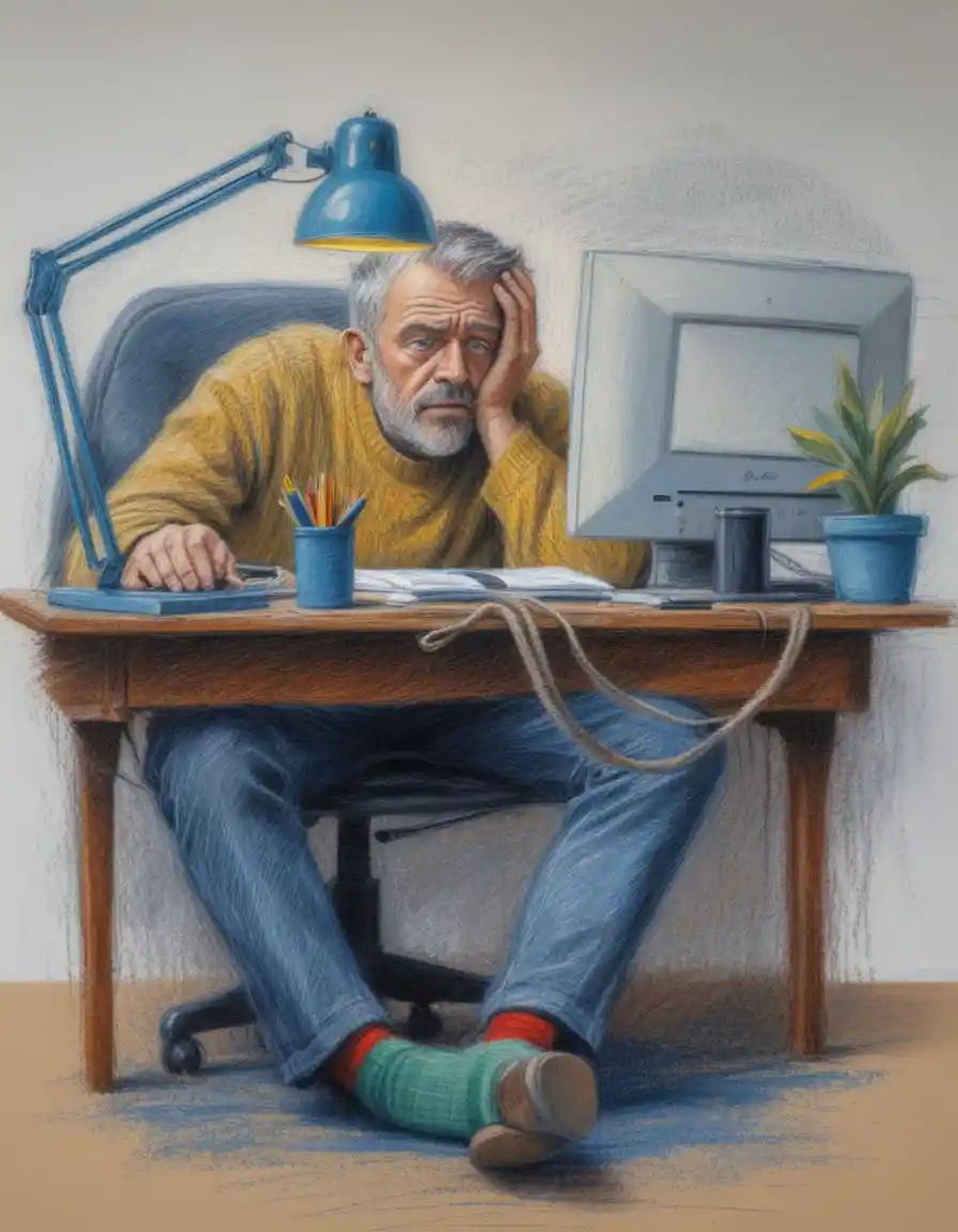 Persona stanca a una scrivania accogliente che lavora al computer
