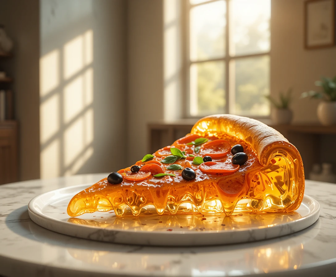 Gros plan d’une part de pizza en verre translucide sur une assiette en marbre