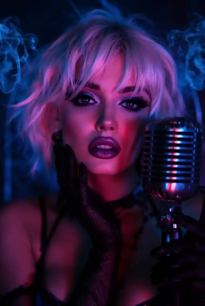 Glamorous cabaret singer in blue blacklight close up