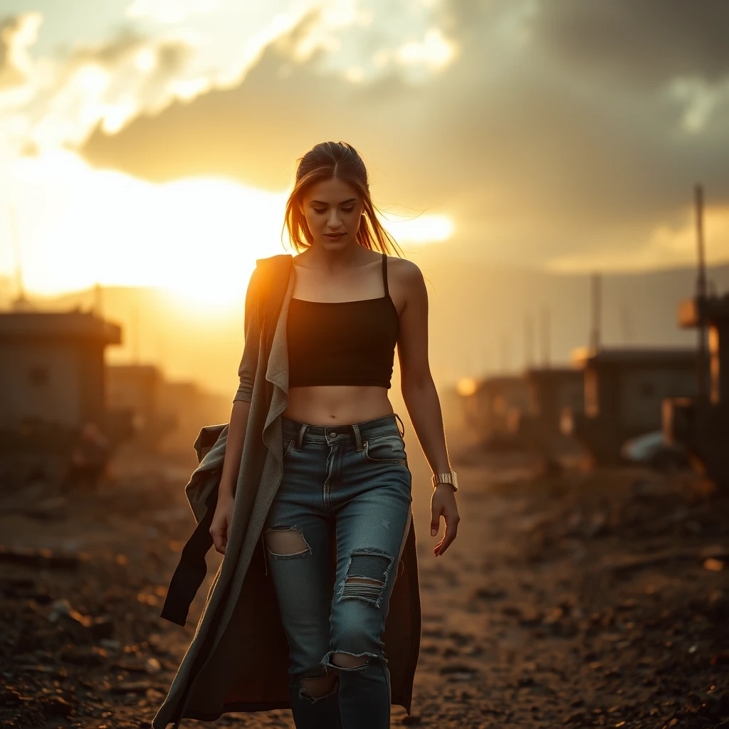 Young woman walking alone through a sunrise battlefield
