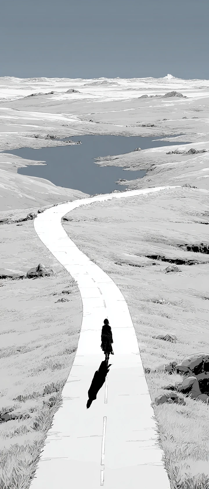 Vagabond d’anime solitaire marchant sur une route à travers des collines désertes