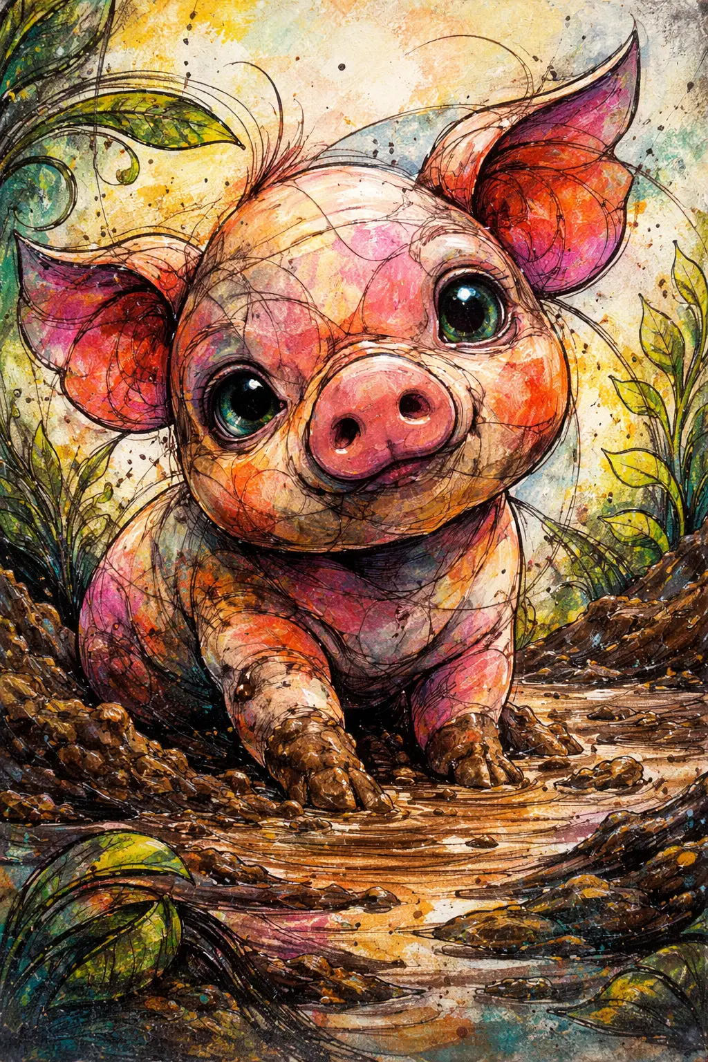 Abstract cubist baby piglet portrait with neon textures