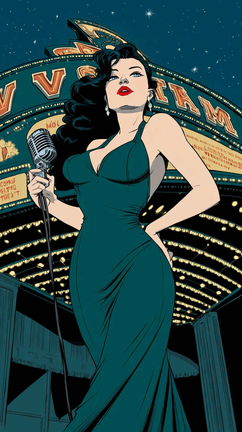 Elegant femme fatale under a twilight theater marquee
