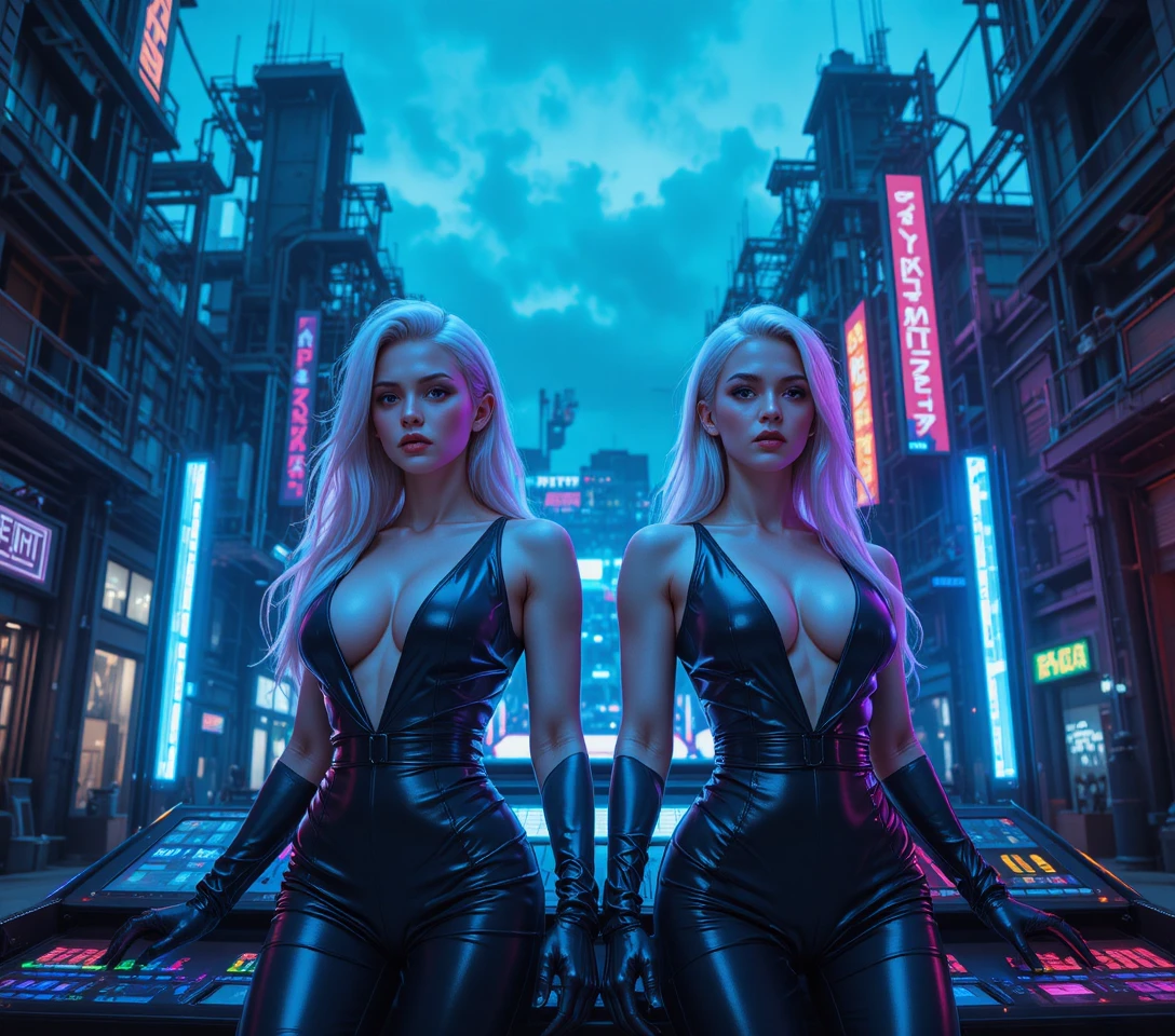 Deux femmes cyberpunk dos à dos dans une ville néon