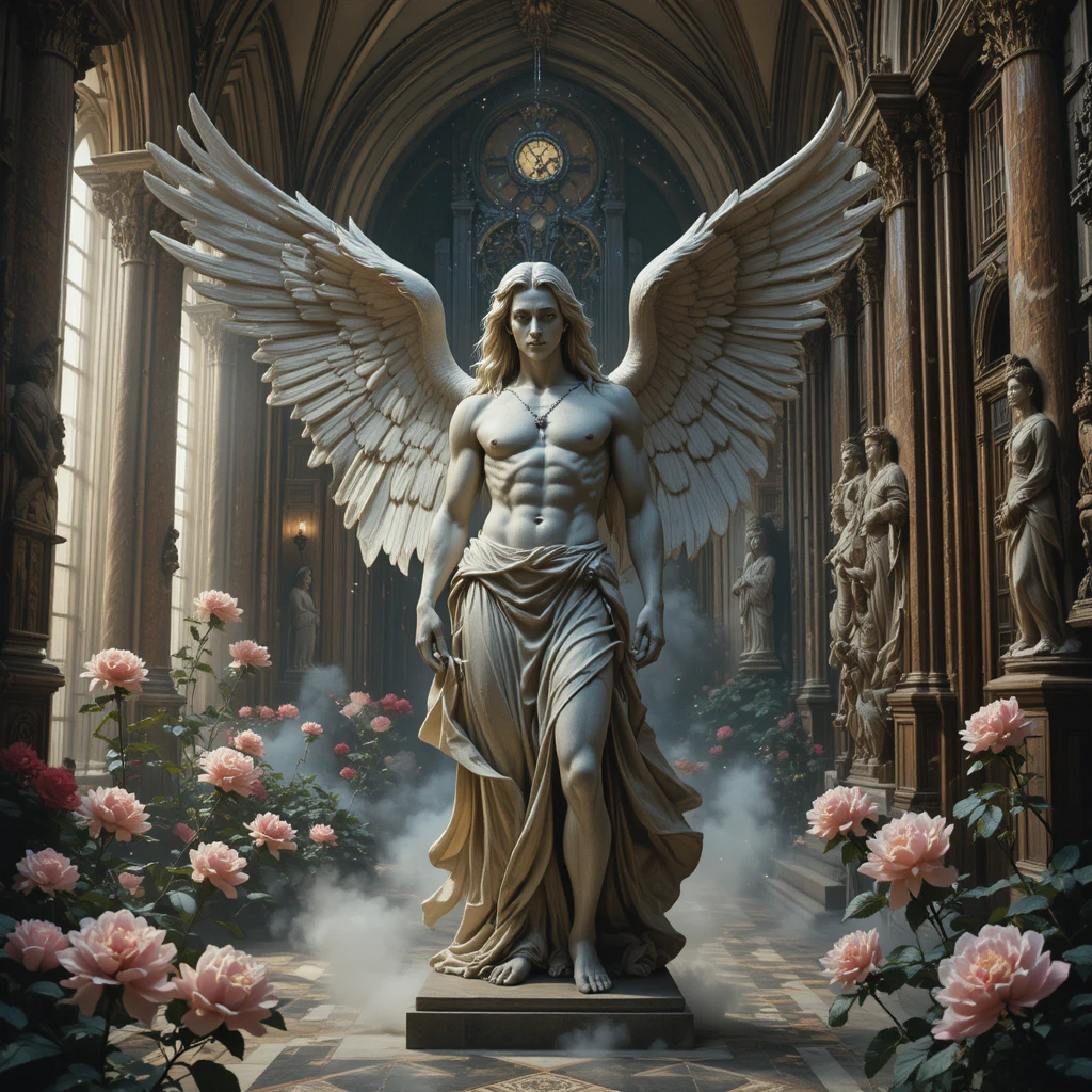 Impasto painting of a baroque stone angel in cathedral