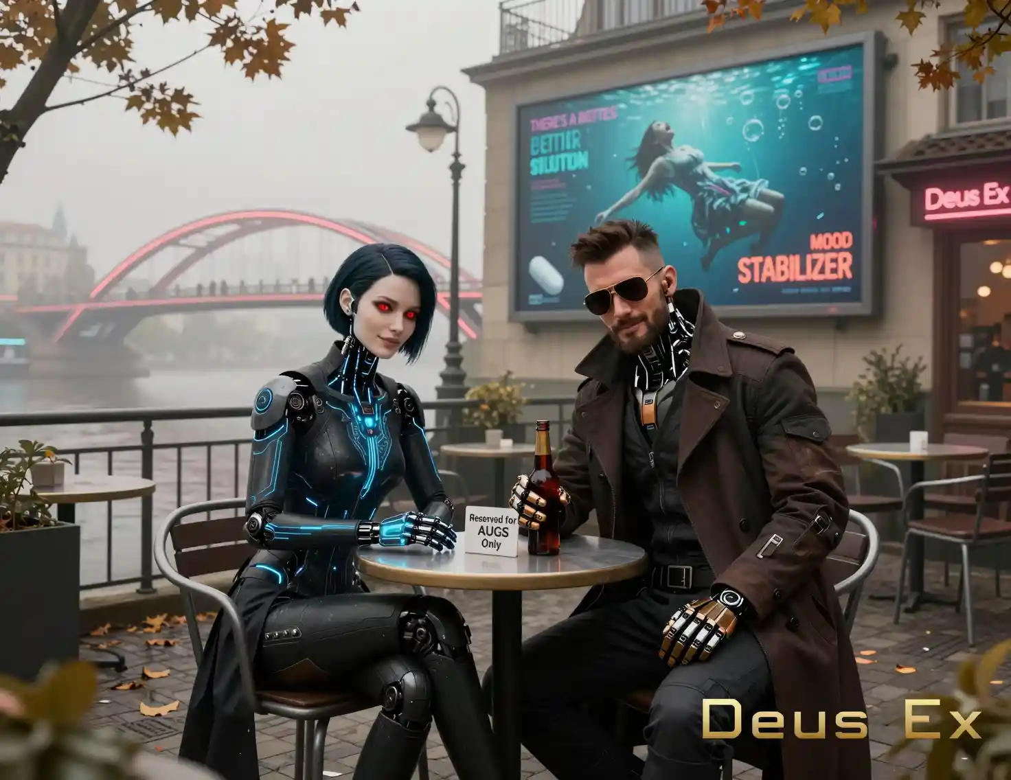 Detective aumentado y ciborg femenina en un café tranquilo