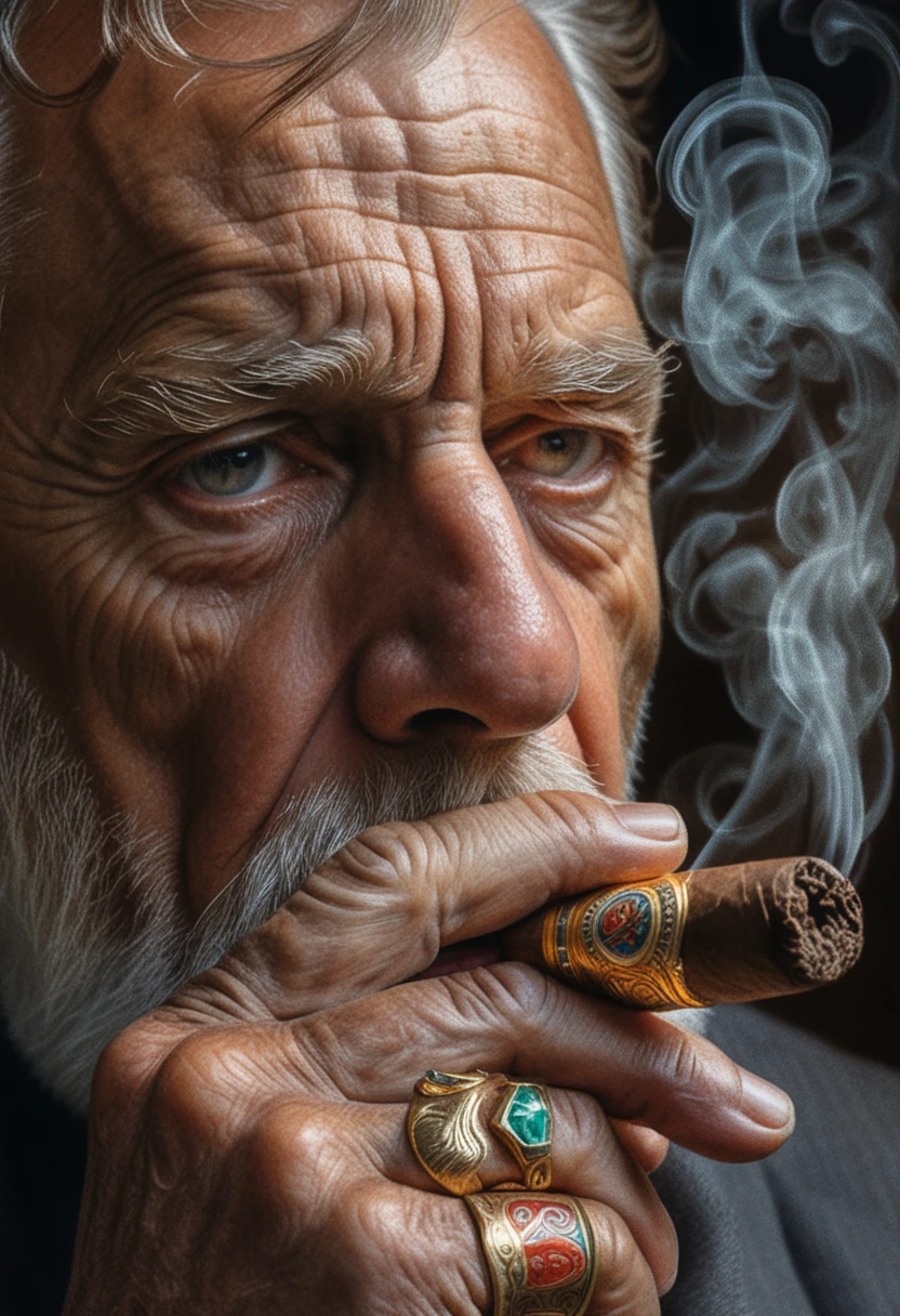 Uomo anziano che fuma un sigaro in un drammatico ritratto in primo piano