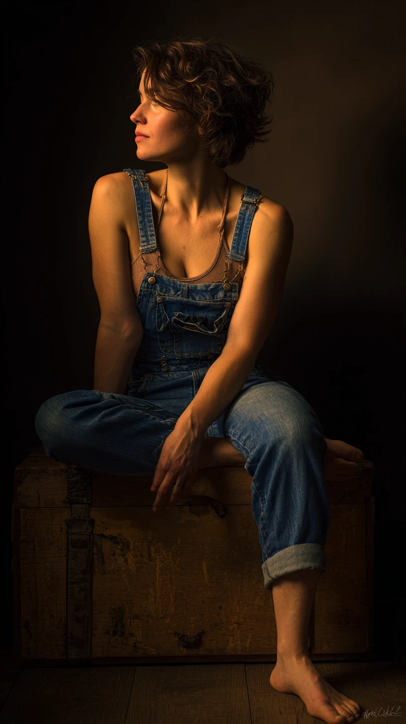 Woman in denim overalls sitting barefoot on wooden crate