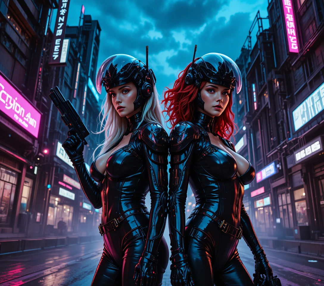 Two cyberpunk women before a neon control panel