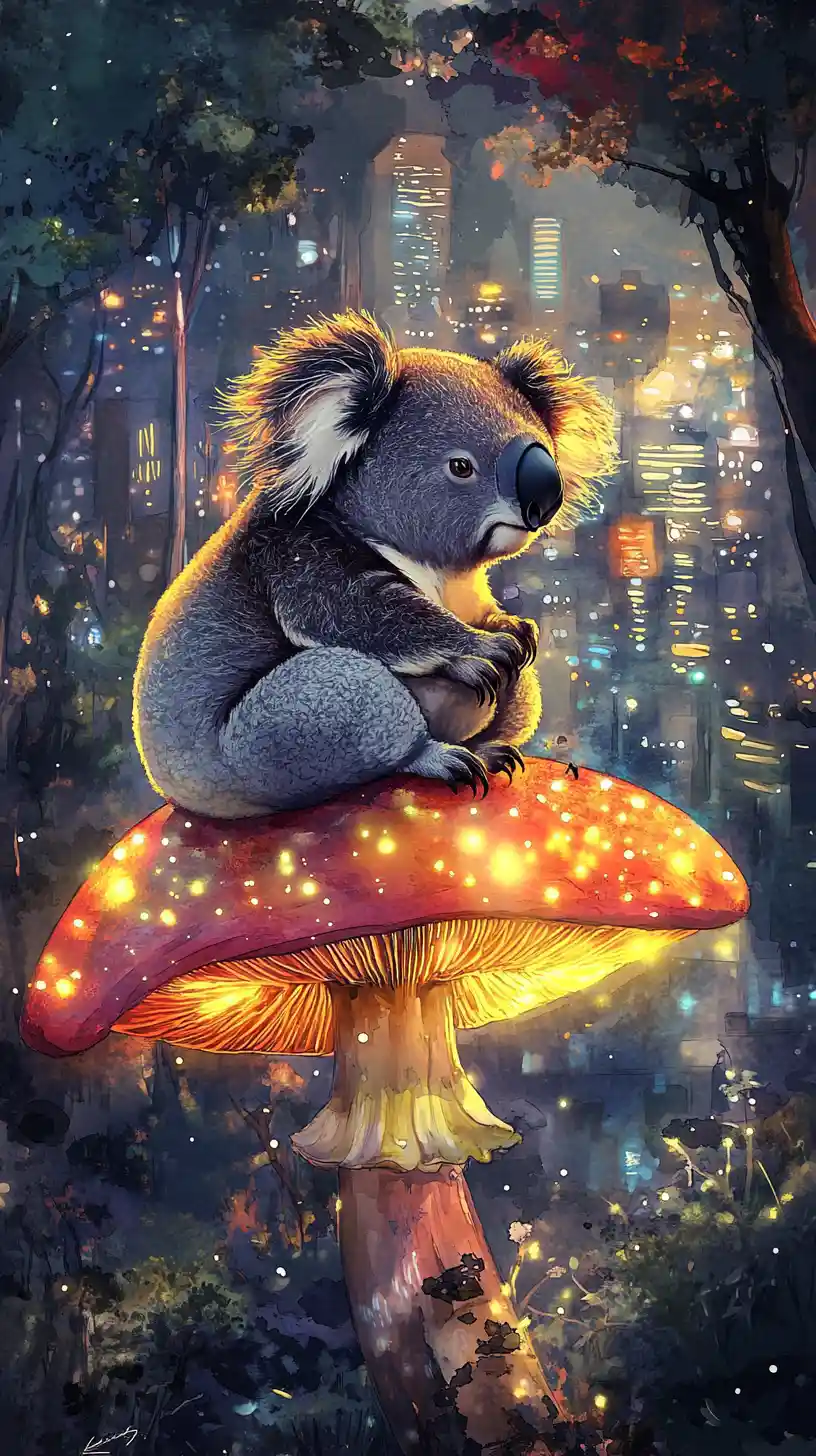 Melancholic koala on glowing mushroom in surreal twilight forest