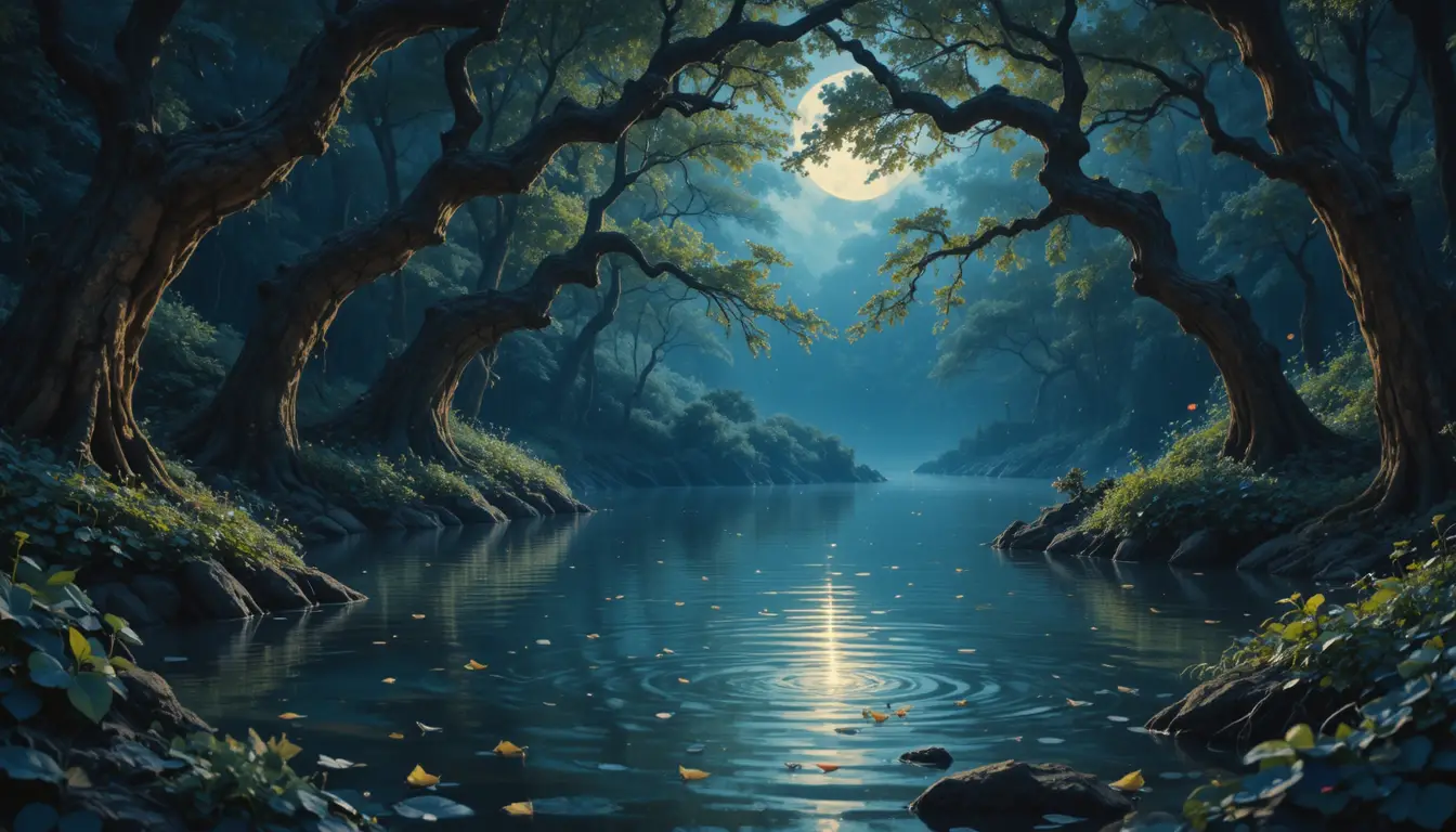 Enchanted Moonlit Forest Pond With Glowing Water And Fireflies