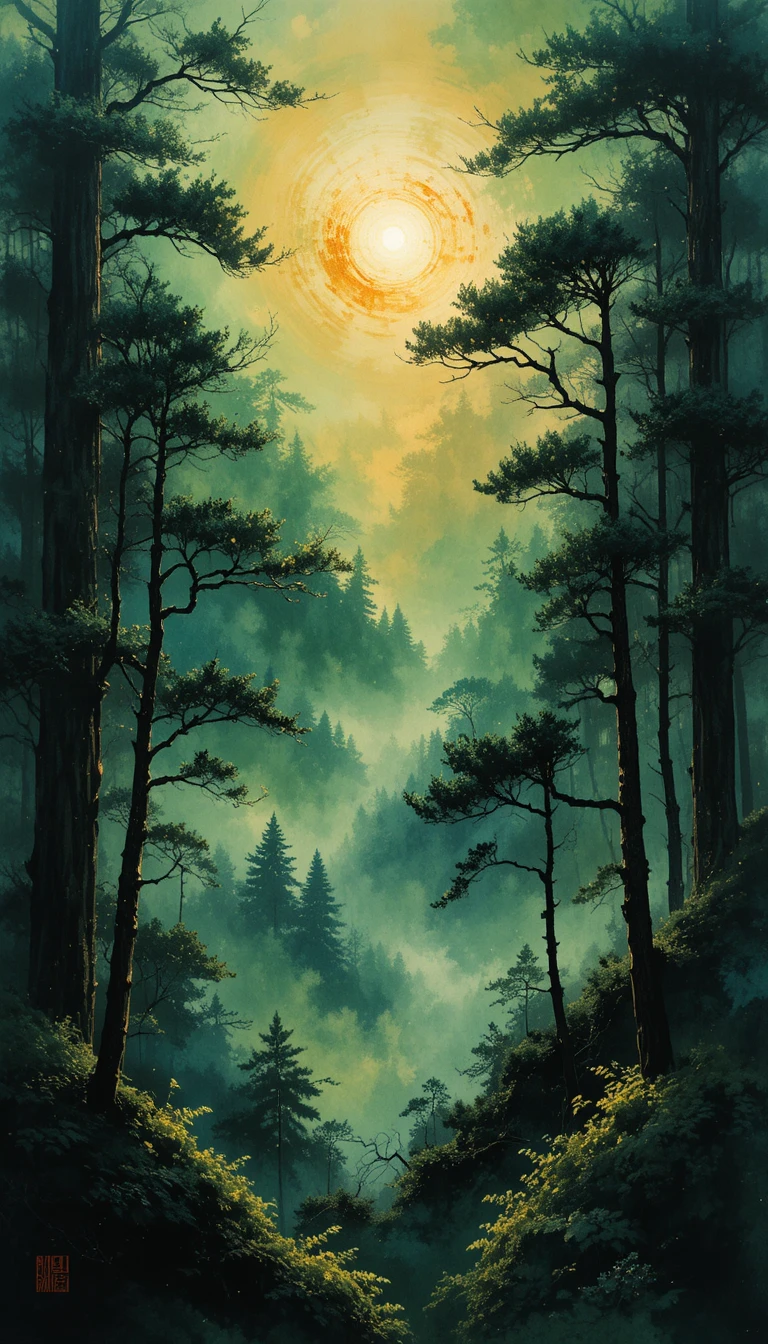 Zen-Wald-Tuschmalerei mit Sonnenaufgang und tiefen Schatten