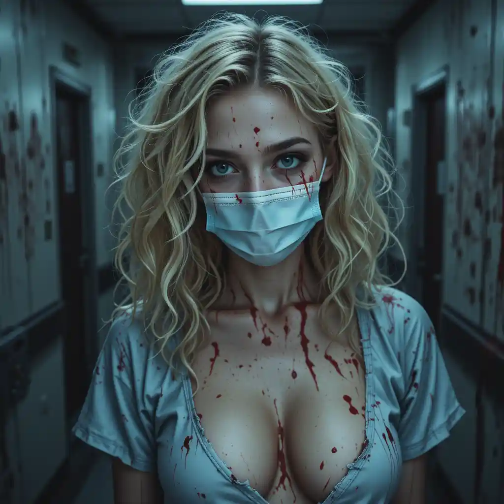 Blonde nurse in bloody mask in a dark hospital corridor