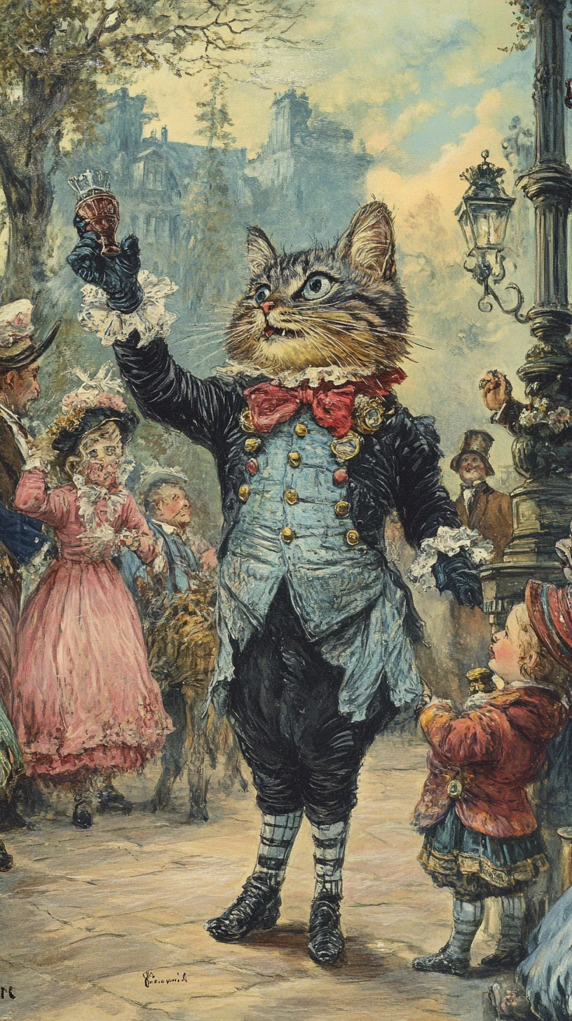 Ilustração em estilo vitoriano de gatos antropomórficos em ambiente interno