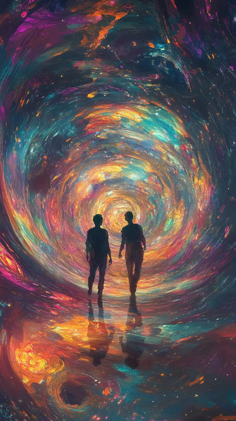 Two glowing figures floating in a surreal abstract space