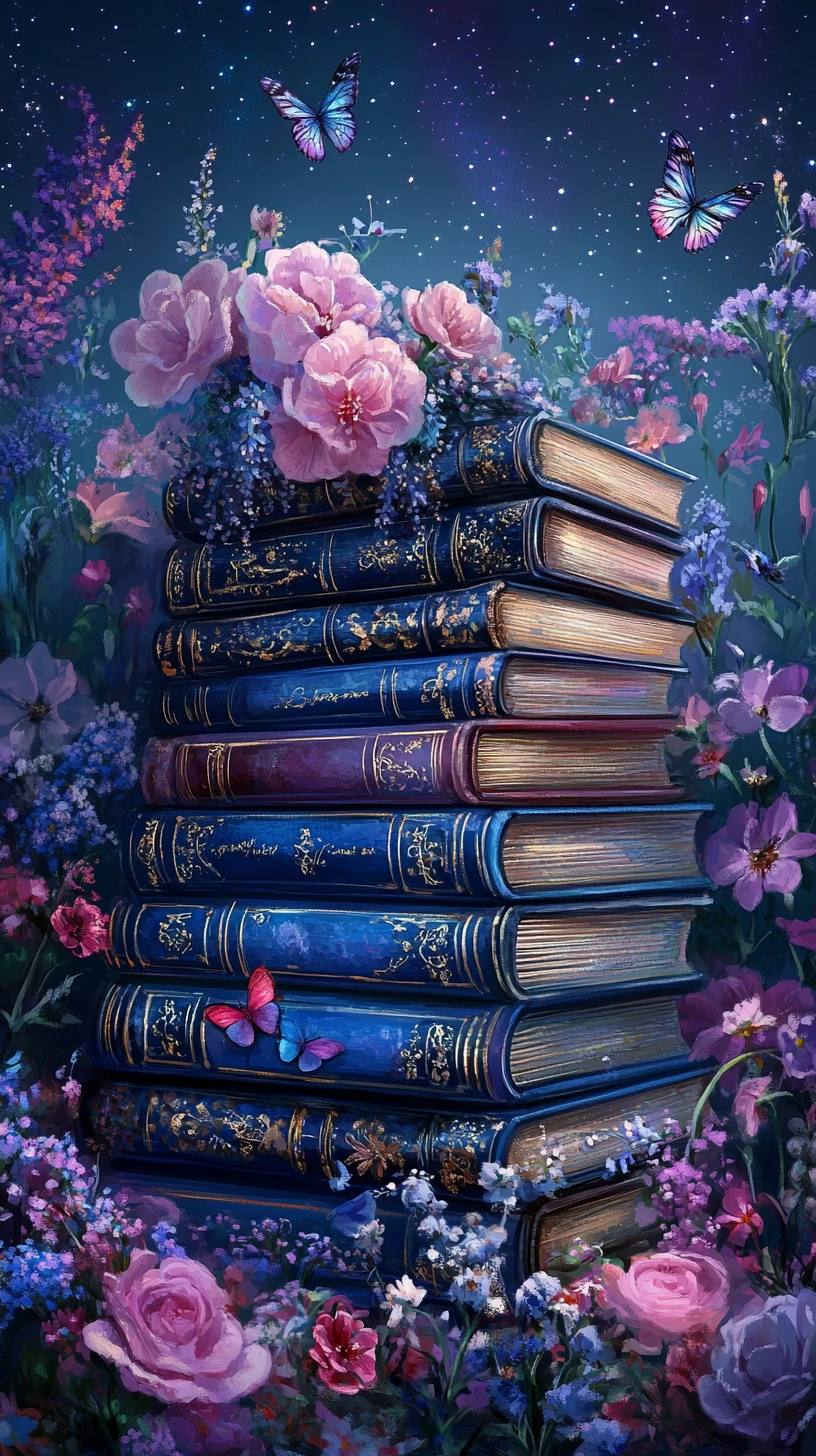 Livros azuis vintage brilhando em um jardim mágico de flores