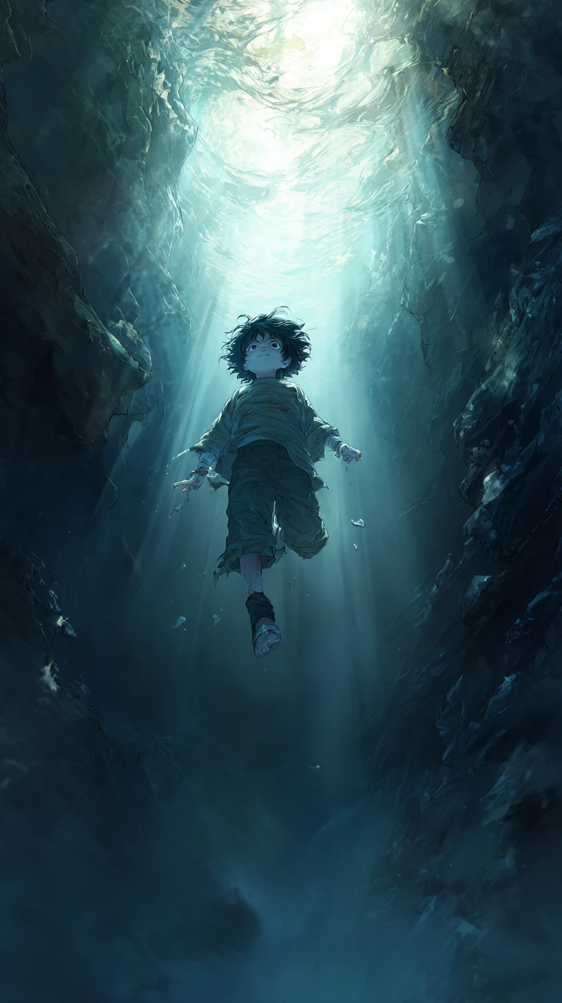 年幼男孩漂浮在黑暗深淵中，籠罩詭異光束